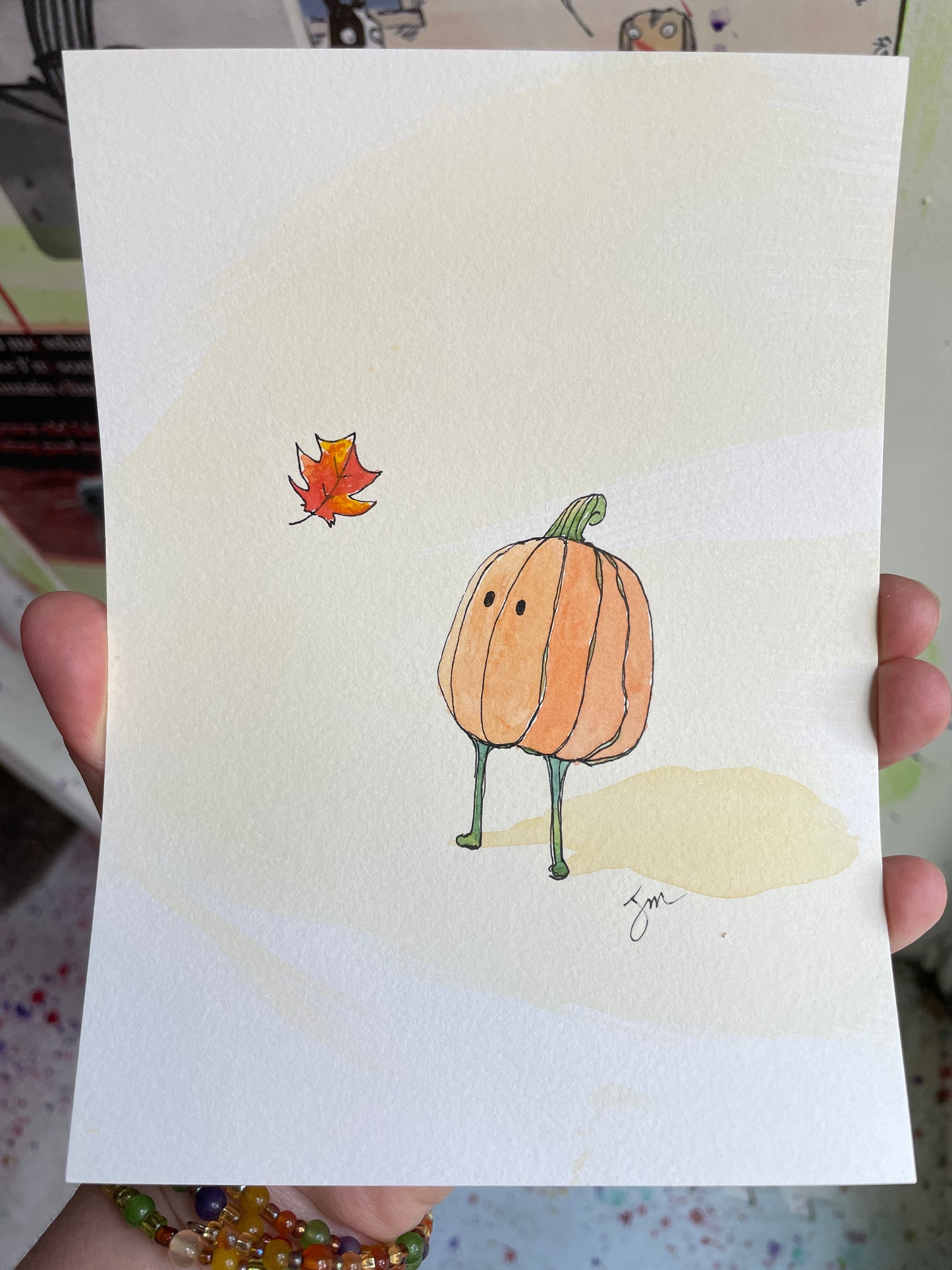 “Hello!” Autumn Pumpkin, Watercolor Painting