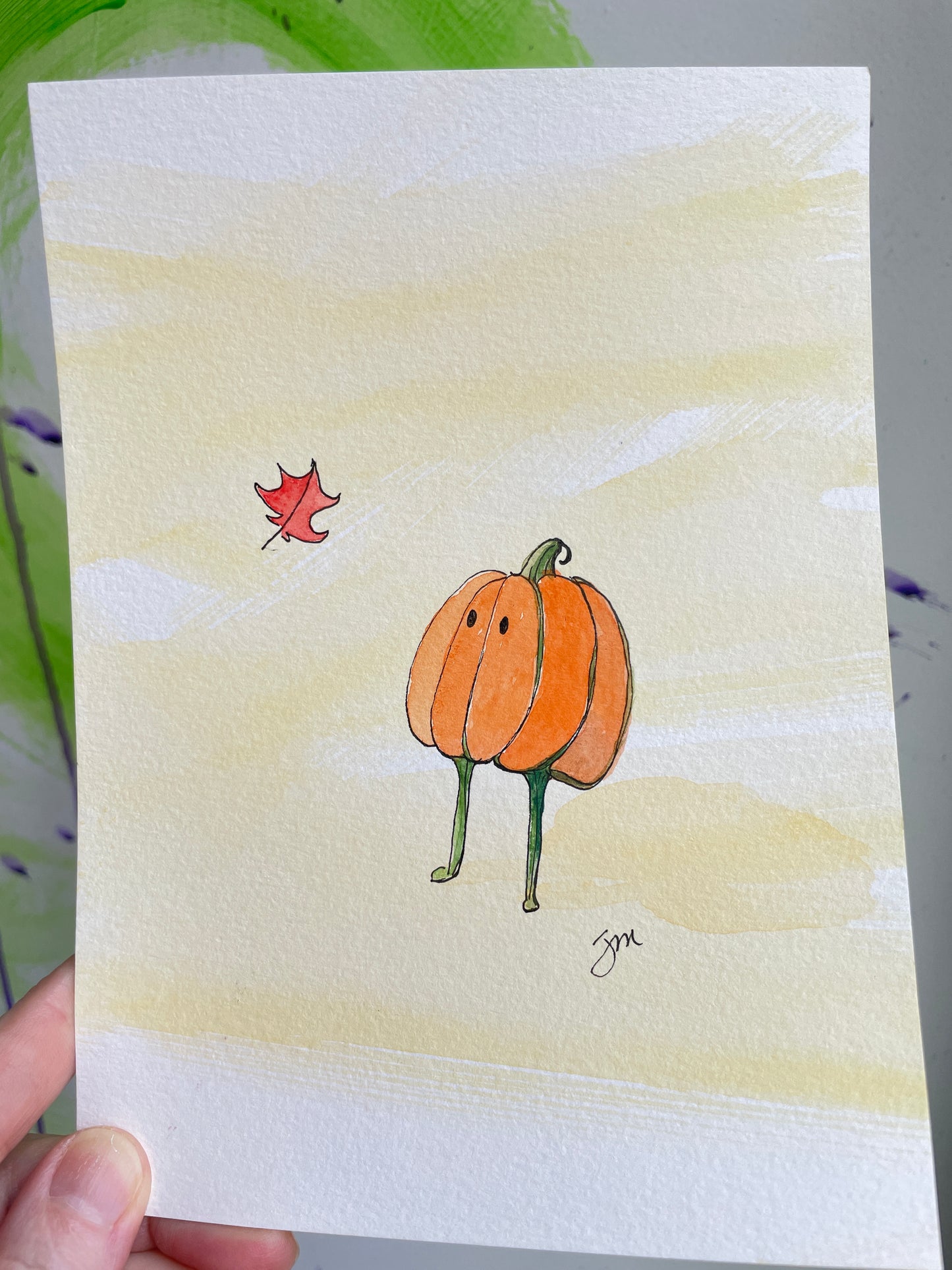 “Hello!” Autumn Pumpkin, Watercolor Painting