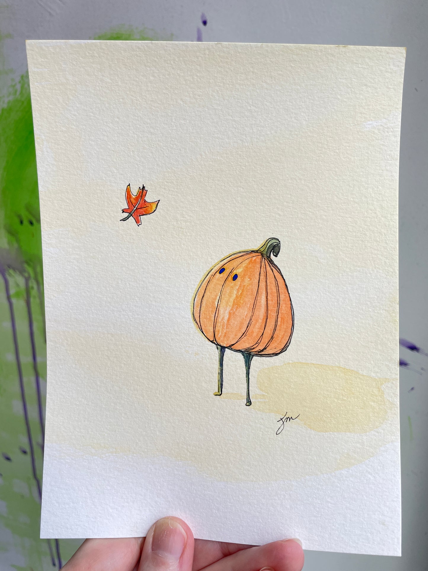 “Hello!” Autumn Pumpkin, Watercolor Painting