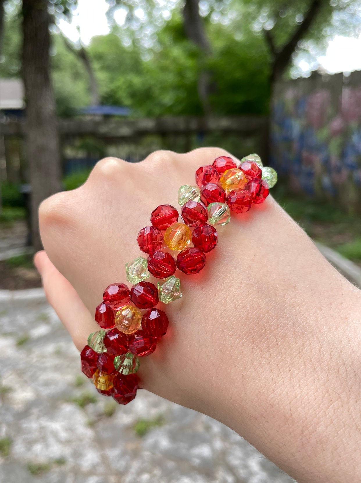 Red Beaded Flower Bracelet, XXL