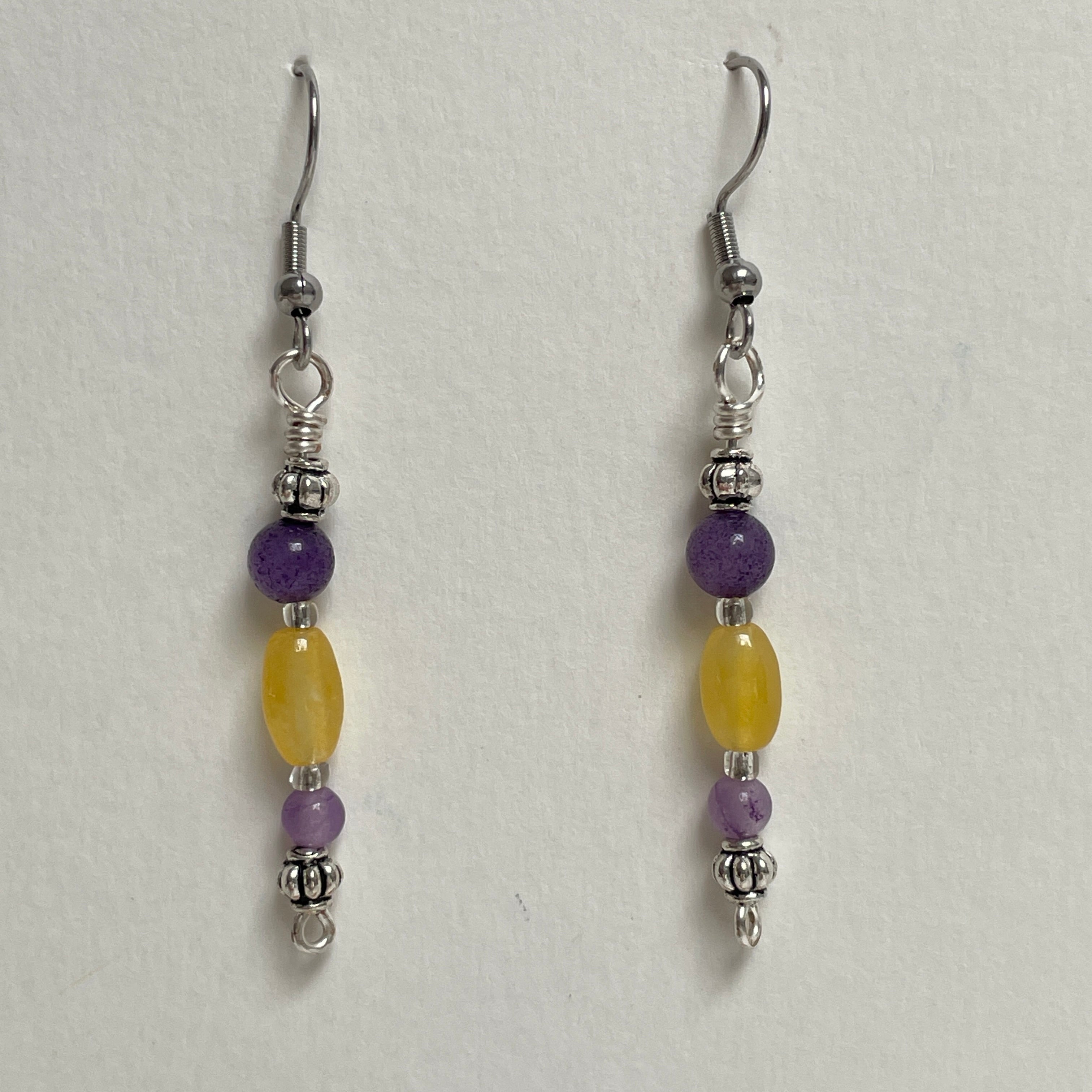 Natural Amethyst, Yellow Jade Earrings