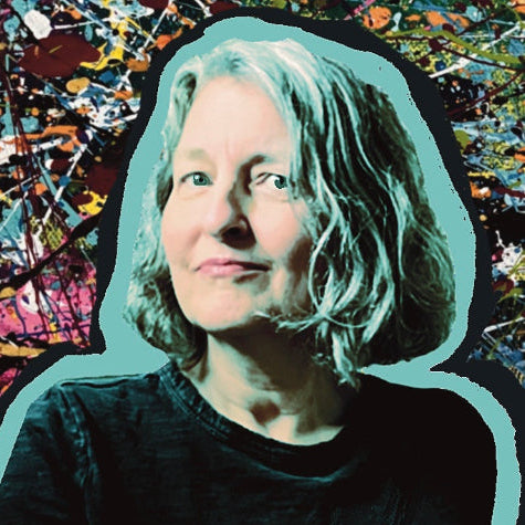Jill McKeever aka Jilly Willy against a colorful abstract background