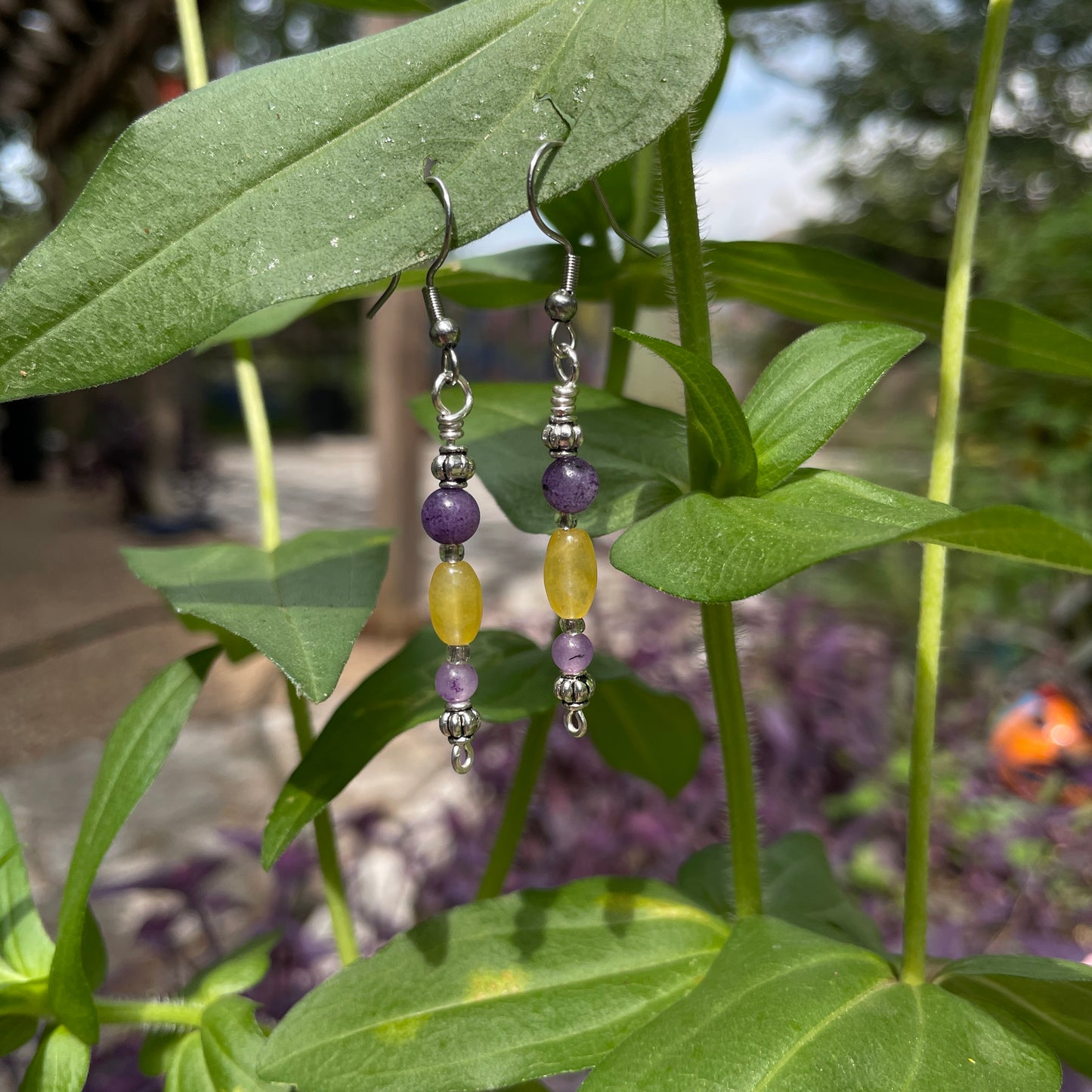 Amethyst, Yellow Jade Earrings