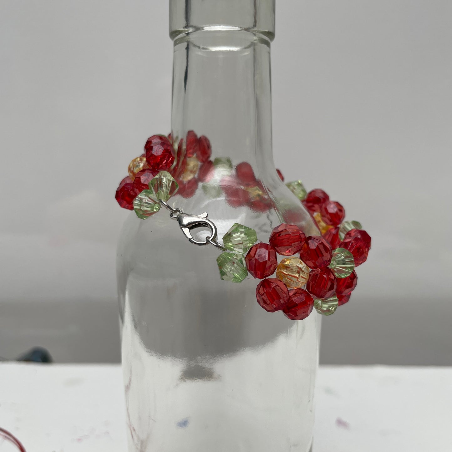 Hand Beaded Red Flower Bracelet for Young Teen