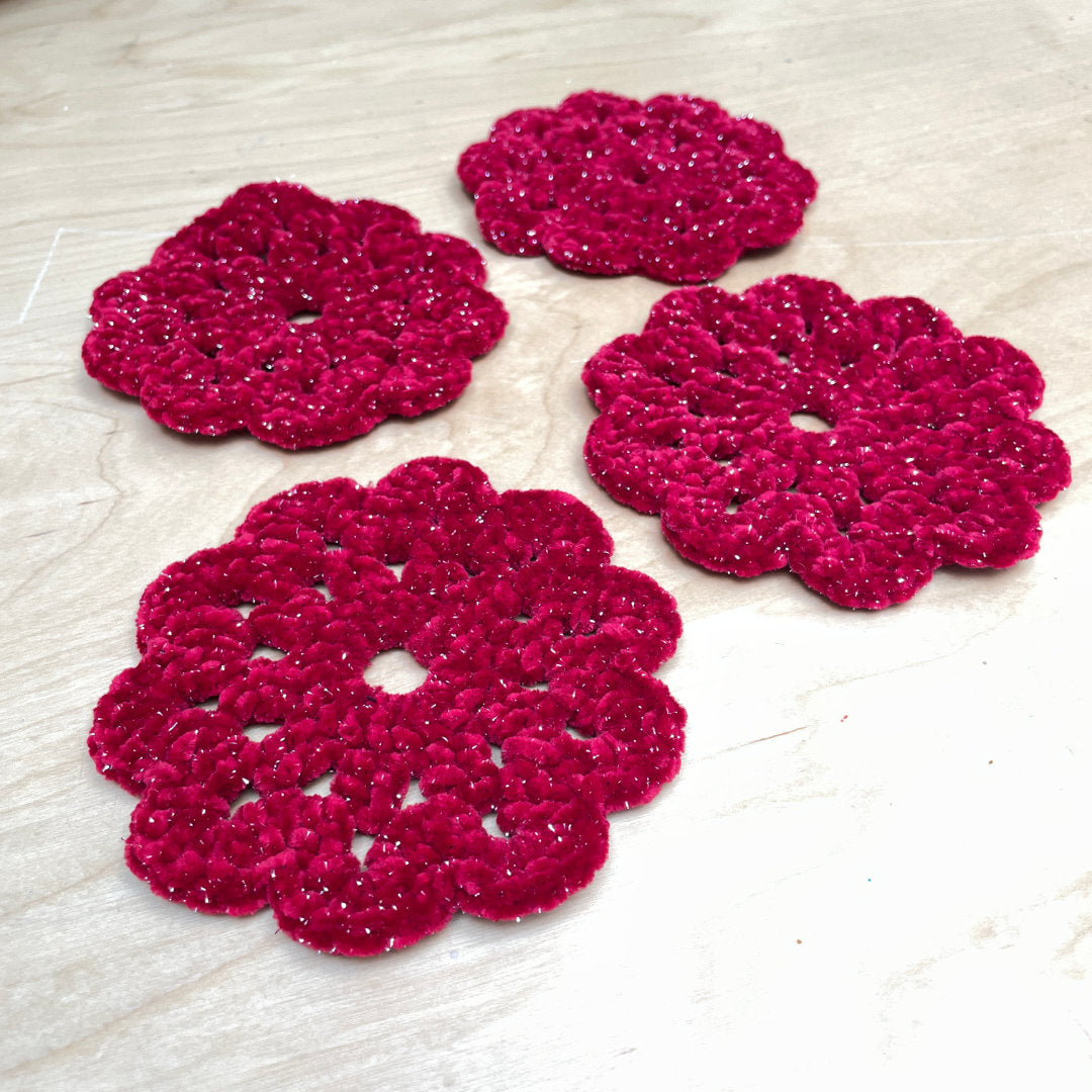 Crocheted Red Sparkly Flower Coasters