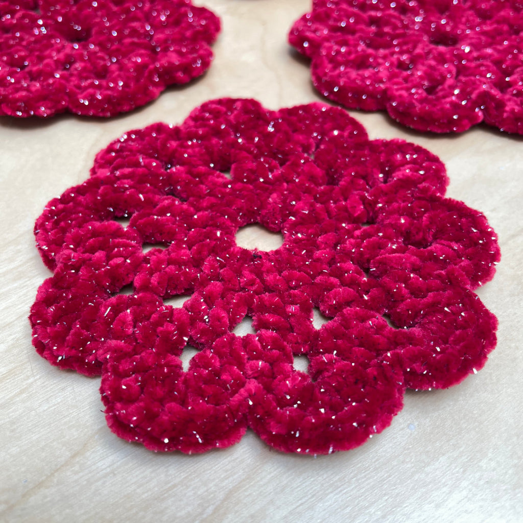 Crocheted Red Sparkly Flower Coasters