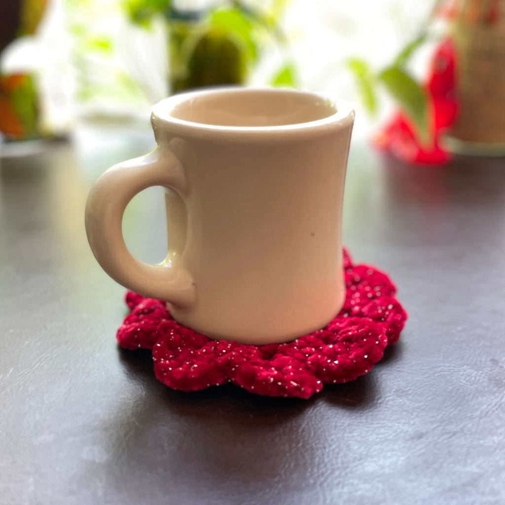 Crocheted Red Sparkly Flower Coasters
