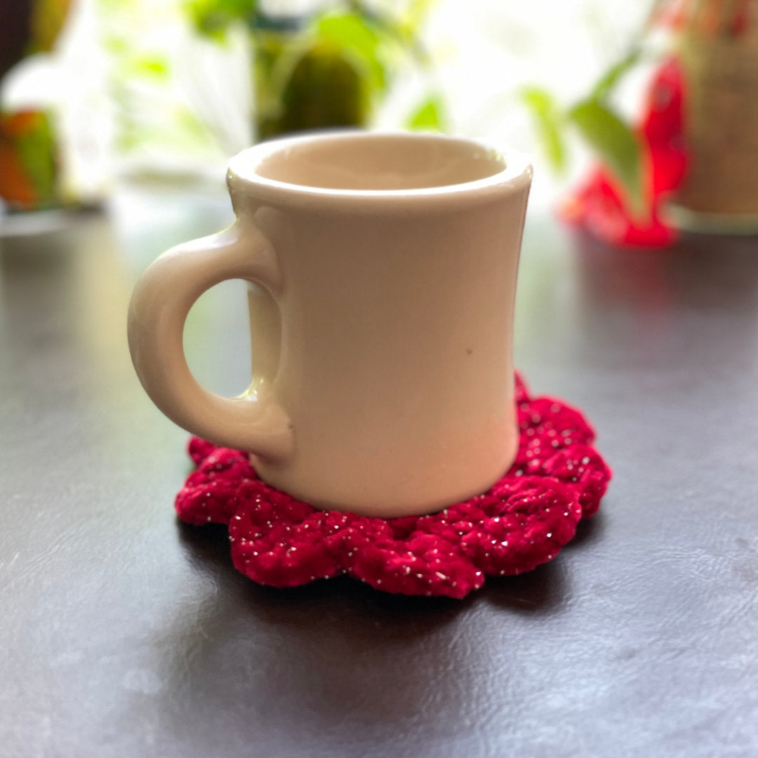 Crocheted Red Sparkly Flower Coasters